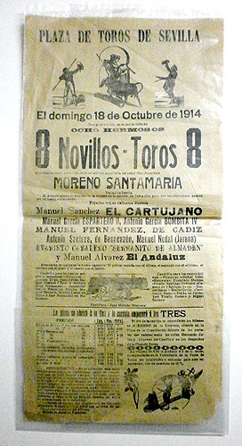 CARTEL PLAZA DE TOROS DE SEVILLA. OCTUBRE 1914. EL CARTUJANO, ESPARTERO II, BOMBITA IV, M. FDEZ. DE CADIZ, ETC.