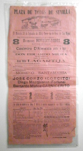 CARTEL PLAZA DE TOROS DE SEVILLA SEPTIEMBRE 1914. LAGARTIJA, COROITO, DIEGO MAZQUIARAN , CARNICERITO.