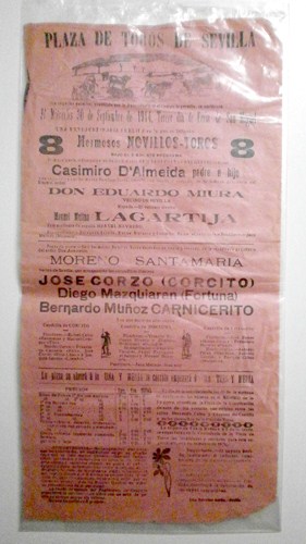 CARTEL PLAZA DE TOROS DE SEVILLA SEPTIEMBRE 1914. LAGARTIJA, COROITO, DIEGO MAZQUIARAN , CARNICERITO.