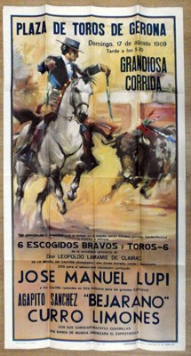 CARTEL PLAZA DE TOROS DE GERONA AGOSTO 1969 LUPI, BEJARANO, CURRO LIMONES