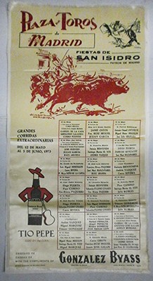 CARTEL DE TOROS EN SEDA AMARILLA SOBRE PAPEL. FIESTAS DE SAN ISIDRO MADRID 1973.