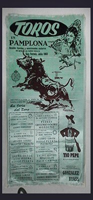 CARTEL DE TOROS EN SEDA VERDE SOBRE PAPEL. TOROS EN PAMPLONA, SAN FERMIN 1963.