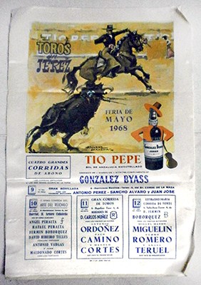 CARTEL DE TOROS EN SEDA  SOBRE PAPEL. TOROS EN JEREZ FERIA DE MAYO 1968.