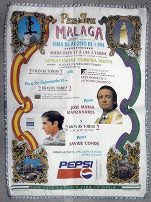 CARTEL DE TOROS EN SEDA  SOBRE PAPEL. PLAZA DE TOROS DE MALAGA, FERIA AGOASTO 1994.
