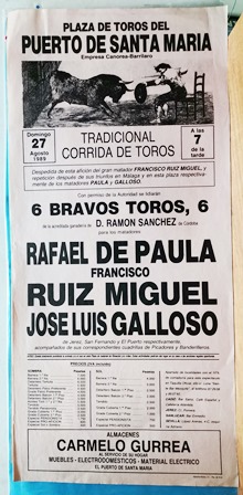 CARTEL - PLAZA DE TOROS DEL PUERTO DE SANTA MARIA 27 AGOSTO 1989