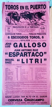CARTEL - PLAZA DE TOROS DEL PUERTO DE SANTA MARIA 21 MAYO 1989