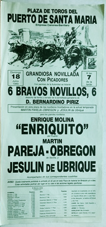 CARTEL - PLAZA DE TOROS DEL PUERTO DE SANTA MARIA 19 DE JUNIO 1989