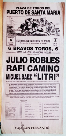CARTEL - PLAZA DE TOROS DEL PUERTO DE SANTA MARIA 6 DE AGOSTO 1989