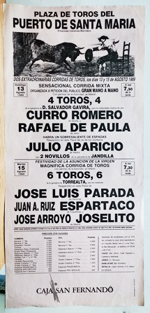 CARTEL - PLAZA DE TOROS DEL PUERTO DE SANTA MARIA 13 Y 15 DE AGOSTO 1989