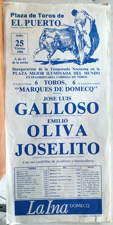 CARTEL - PLAZA DE TOROS DE EL PUERTO 25 DE JULIO DE 1986