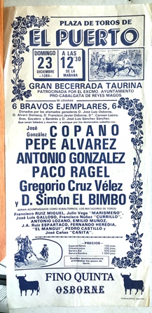 CARTEL - PLAZA DE TOROS DEL PUERTO DOMINGO 23 DE DICIEMBRE DE 1984 GRAN BECERRADA TAURINA