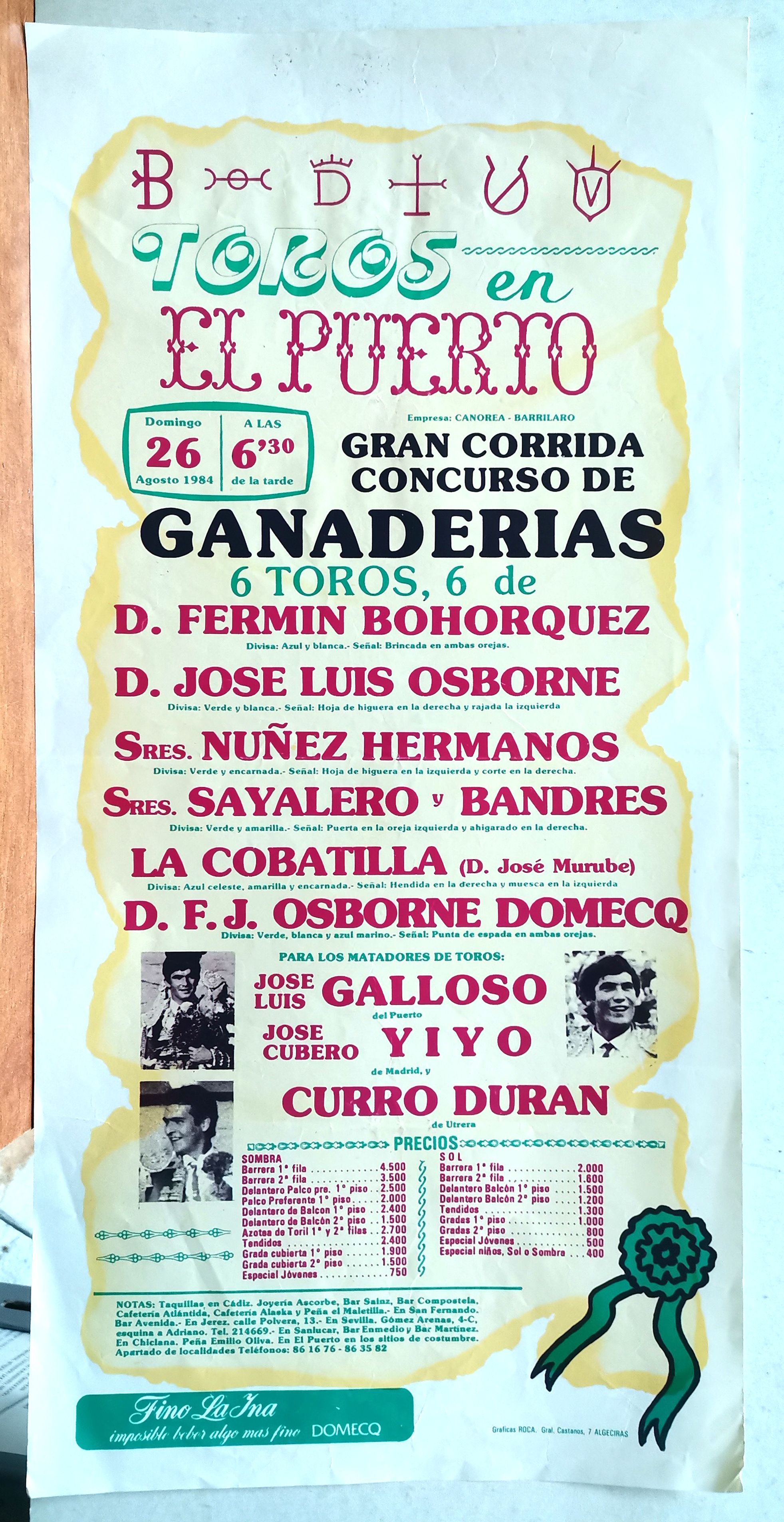 CARTEL - TOROS EN EL PUERTO DOMINGO 26 AGOSTO 1986 GRAN CORRIDA CONCURSO DE GANADERIAS