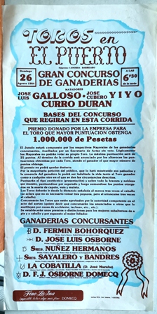 CARTEL - TOROS EN EL PUERTO DOMINGO 26 AGOSTO 1984 GRAN CONCURSO DE GANADERIAS