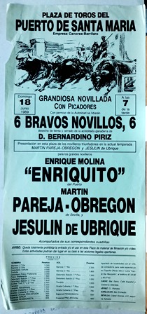 CARTEL - PLAZA DE TOROS DEL PUERTO DE SANTA MARIA DOMINGO 18 DE JUNIO DE 1989