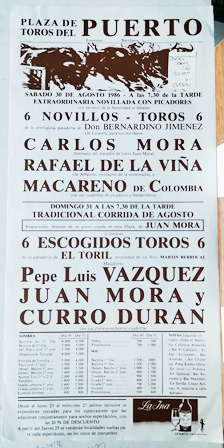 CARTEL - PLAZA DE TOROS DEL PUERTO DE SANTA MARIA SABADO 30 DE AGOSTO DE 1986