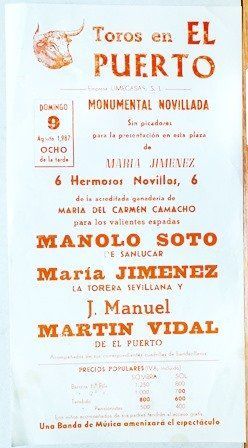 CARTEL - TOROS EN EL PUERTO DOMINGO 9 DE AGOSTO DE 1987 MONUMENTAL NOVILLADA