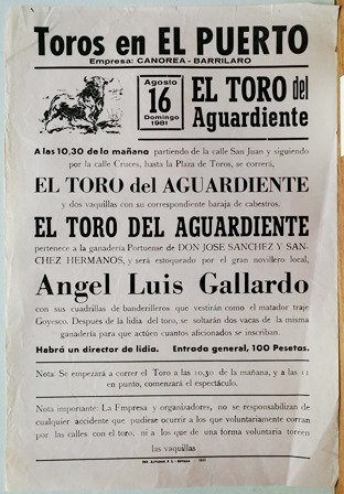 CARTEL - TOROS EN EL PUERTO EL TORO DEL AGUARDIENTE 16 AGOSTO 1981