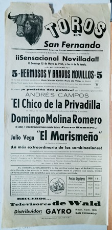 CARTEL - TOROS EN SAN FERNANDO SENSACIONAL NOVILLADA DOMINGO 15 DE MAYO DE 1966