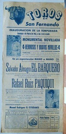 CARTEL - TOROS EN SAN FERNANDO INAUGURACION DE LA TEMPORADA DOMINGO 6 DE MARZO DE 1966