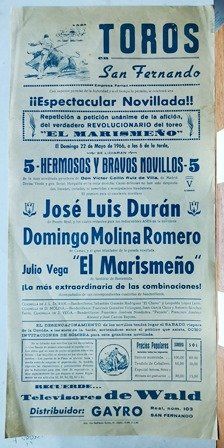 CARTEL - TOROS EN SAN FERNANDO ESPECTACULAR NOVILLADA DOMINGO 22 DE MAYO DE 1966