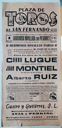 CARTEL - PLAZA DE TOROS EN SAN FERNANDO GRANDIOSA NOVILLADA CON PICADORES 1 MAYO 1974