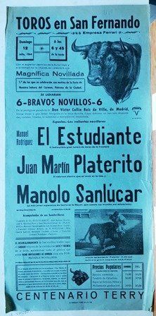 CARTEL - TOROS EN SAN FERNANDO MAGNIFICA NOVILLADA DOMINGO 12 DE JULIO DE 1964