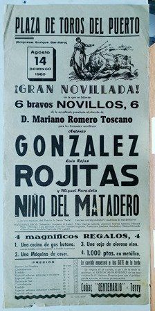 CARTEL - PLAZA DE TOROS DEL PUERTO GRAN NOVILLADA DOMINGO 14 DE AGOSTO DE 1960