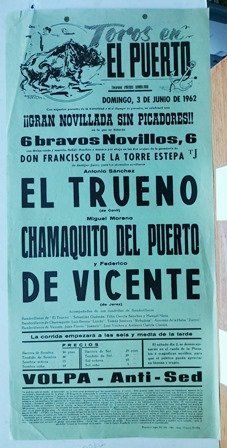 CARTEL - TOROS EN EL PUERTO DOMINGO 3 JUNIO 1962 GRAN NOVILLADA SIN PICADORES