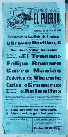 CARTEL - TOROS EN EL PUERTO DOMINGO 28 DE JULIO DE 1963 EXTRAORDINARIA NOVILLADA