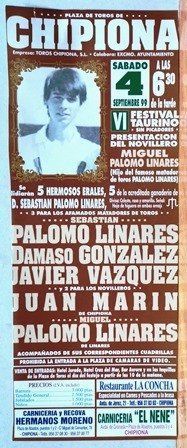 CARTEL - PLAZA DE TOROS DE CHIPIONA SABADO 4 SEPTIEMBRE 1999 VI FESTIVAL TAURINO