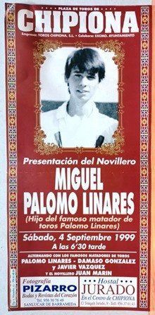 CARTEL - PLAZA DE TOROS DE CHIPIONA MIGUEL PALOMO LINARES SABADO 4 SEPTIEMBRE 1999