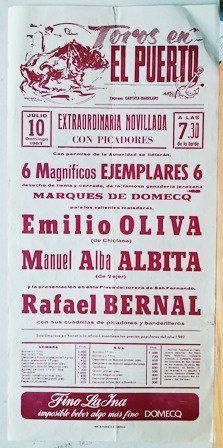CARTEL - TOROS EN EL PUERTO EXTRAORDINARIA NOVILLADA DOMINGO 10 JULIO 1983