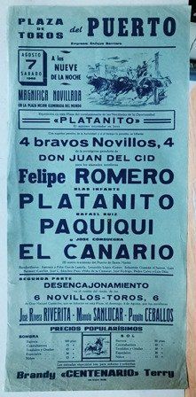 CARTEL - TOROS EN EL PUERTO MAGNIFICA NOVILLADA SABADO 7 AGOSTO 1965