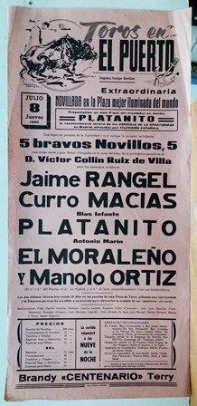 CARTEL - TOROS EN EL PUERTO EXTRAORDINARIA NOVILLADA JUEVES 8 JULIO 1965
