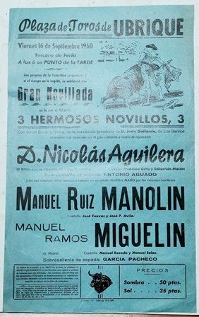 CARTEL - PLAZA DE TOROS DE UBRIQUE GRAN NOVILLADA VIERNES 16 SEPTIEMBRE 1960
