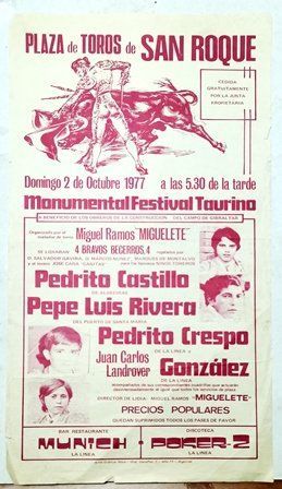 CARTEL PLAZA DE TOROS DE SAN ROQUE DOMINGO 2 OCTUBRE 1977 MONUMENTAL FESTIVAL TAURINO