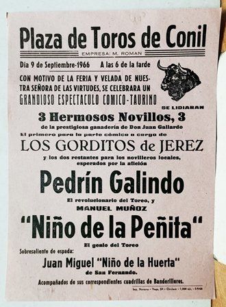 CARTEL PLAZA DE TOROS DE CONIL 9 SEPTIEMBRE 1966 GRANDIOSO ESPECTACULO COMICO-TAURINO
