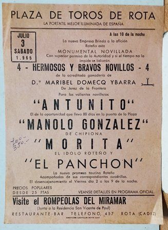 CARTEL PLAZA DE TOROS DE ROTA MONUMENTAL NOVILLADA SABADO 3 JULIO 1965