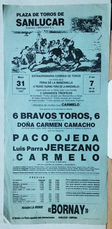 CARTEL PLAZA DE TOROS DE SANLUCAR EXTRAORDINARIA NOVILLADA DOMINGO 31 MAYO 1987
