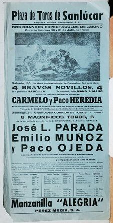 CARTEL PLAZA DE TOROS DE SANLUCAR DOS GRANDES ESPECTACULOS DE ABONO 30 Y 31 JULIO 1983