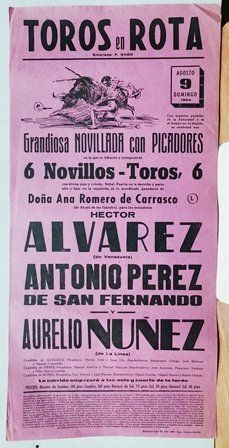 CARTEL TOROS EN ROTA GRANDIOSA NOVILLADA CON PICADORES DOMINGO 9 AGOSTO 1964
