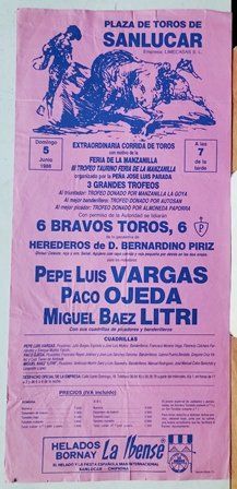 CARTEL PLAZA DE TOROS DE SANLUCAR EXTRAORDINARIA CORRIDA DOMINGO 5 JUNIO 1988
