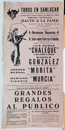 CARTEL TOROS EN SANLUCAR TERCERA NOVILLADA ¡SALTO A LA FAMA! DOMINGO 20 JUNIO 1965