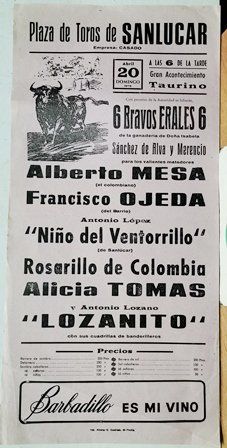 CARTEL PLAZA DE TOROS DE SANLUCAR GRAN ACONTECIMIENTO TAURINO DOMINGO 20 ABRIL 1975