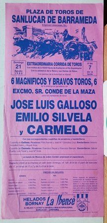 CARTEL PLAZA DE TOROS DE SANLUCAR EXTRAORDINARIA CORRIDA DOMINGO 21 AGOSTO 1988