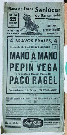 CARTEL PLAZA DE TOROS SANLUCAR ACONTECIMIENTO TAURINO DOMINGO 25 NOVIEMBRE 1962