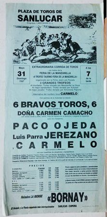 CARTEL PLAZA DE TOROS DE SANLUCAR EXTRAORDINARIA CORRIDA DOMINGO 31 MAYO 1987