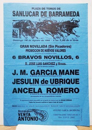 CARTEL PLAZA DE TOROS DE SANLUCAR DE BARRAMEDA DOMINGO 14 AGOSTO 1988