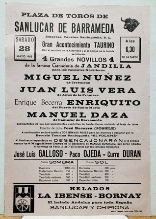 CARTEL PLAZA DE TOROS DE SANLUCAR DE BARRAMEDA SABADO 28 MAYO 1983