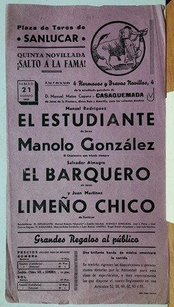 CARTEL PLAZA DE TOROS DE SANLUCAR QUINTA NOVILLADA SALTO A LA FAMA SABADO 21 AGOSTO 1965